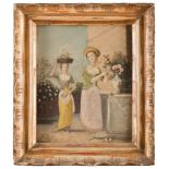 FRENCH PAINTER, 19TH CENTURY Two young girl with flowers Oil on metal cm. 21 x 17 Not signed