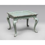 TABLE IN LACQUERED WOOD, PROBABLY BRANDS ANCIENT ELEMENTS with fund aquamarine and painted plan to