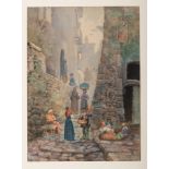 ITALIAN PAINTER, BEGINNINGS 20TH CENTURY Scene of market in a fortress Water-color on paper, cm.