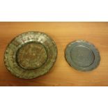 TWO DISHES IN METAL, 18TH-19TH CENTURY a dish in copper and one in pewter with engraved coat of