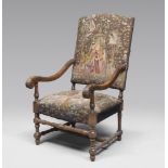 ARMCHAIR WITH ARAZZERIA, 19TH CENTURY in walnut, with graven arms to leaves of acanthus, legs and