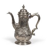 A BEAUTIFUL SILVER TEAPOT, PUNCH LONDON 1763 with pear-shaped body, embossed and foil flowered