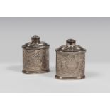 A PAIR OF SILVER TEA-FLASKS, PUNCH LONDON 1735 oval body, chiseled reasons roccailles, lattices,