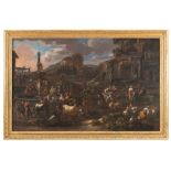 ANTOINE GOUBAU (Anversa 1616 - 1698) MARKET AMONG THE RUINS IN ROME Oil on canvas, cm. 111 xes 171