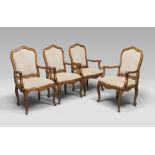 FOUR BEAUTIFUL WALNUT ARMCHAIRS, CENTRAL ITALY 18TH CENTURY with frame back moved, shaped arms and