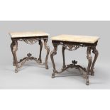 RARE PAIR OF BOXWOOD COFFEE TABLES, PROBABLY EMILIA 18TH CENTURY with recent vintage yellow marble