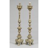 A PAIR OF GILDED BRONZE CANDLESTICKS, 19TH CENTURY of eighteenth-century taste, with stem with