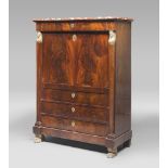 A BEAUTIFUL MAHOGANY SECRETAIRE, FRANCE EMPIRE PERIOD with red breach top and four drawers on the