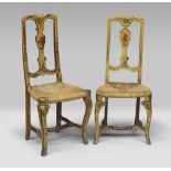 A PAIR OF LAQUERED WOOD CHAIRS, ELEMENTS OF VENICE 18TH CENTURY a yellow background painted clumps