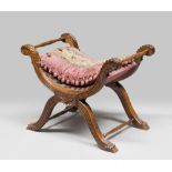 SHAPED GONDOLA BENCH, LATE 19TH CENTURY Renaissance style, carved wooden ribs and leaves. Upholstery