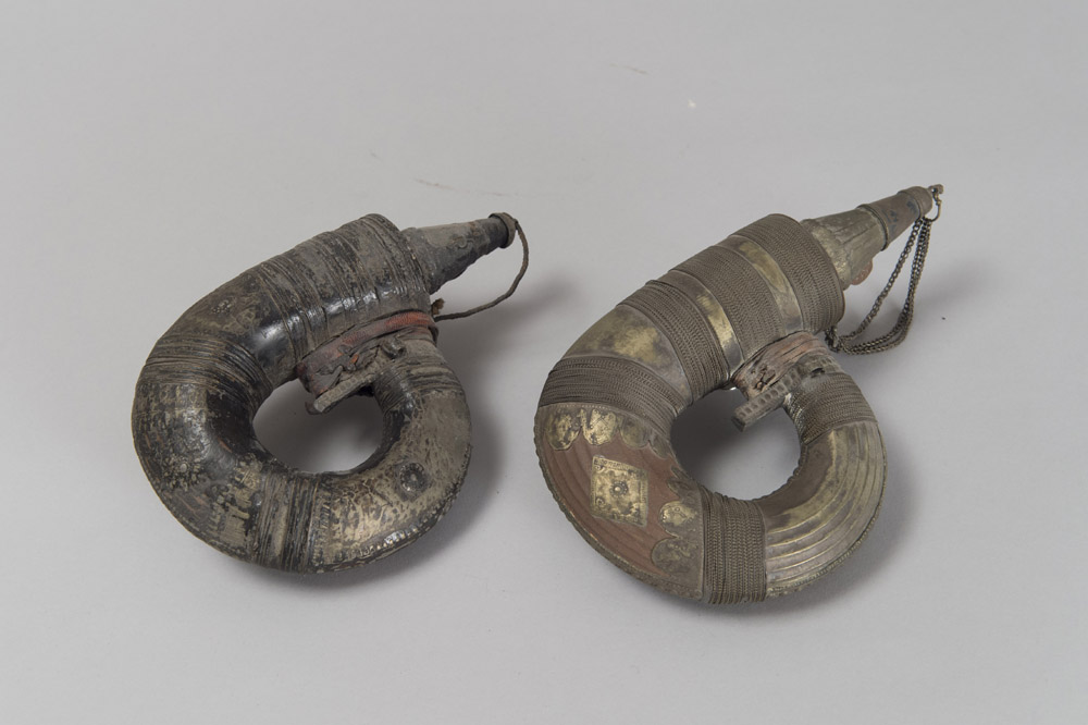 TWO ARAB GUNPOWDER CONTAINERS, EARLY 20TH CENTURY