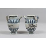 A PAIR OF MAJOLICA PITCHERS, VENETIAN WORKSHOP 19TH CENTURY to white and blue enamel, with