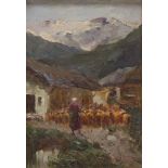 ITALIAN PAINTER, 20TH CENTURY SHEPHERDESS WITH FLOCK Oil on panel, cm. 18 x 13 Traces of signature