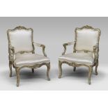 A PAIR OF SILVER WOOD CHAIRS, NORTHERN ITALY 18TH CENTURY with backrest carved leaves and