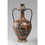 ETRUSCAN STYLE AMPHORA, EARLY 20TH CENTURY in clay and black varnish, redhead and white. Tall neck