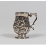 Silver Jug, Hall mark London 1869 with body hurled to landscape with scene of battle of riders.