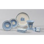 SIX PORCELAIN OBJECTS, WEDGWOOD 20TH CENTURY biscuit, with decorations of white enamel and blue to