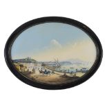 NEAPOLITAN PAINTER, LATE 19TH CENTURY VIEW OF THE GULF IN NAPLES WITH CHARIOT Oval Gouache, cm. 50 x