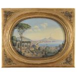 NEAPOLITAN PAINTER, 19TH CENTURY VIEW OF THE GULF OF NAPLES FROM POSILLIPO Oval gouache, cm. 35 x 46