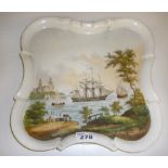 PORCELAIN DISH, LATE 19TH CENTURY entirely painting to landscape of gulf with brig. Measures cm.