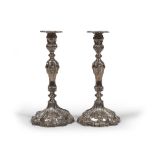 A PAIR OF SILVER CANDLESTICKS, PUNCH LONDON 1772 entirely chiselled fish scales, flowers, leaves and