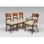 WALNUT ARMCHAIR WITH THREE CHAIRS, EARLY 19TH CENTURY with bent backs, uppercuts and arms also