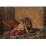 REPRODUCTION of orientalist painting depicting a woman flanked by a lion and lying on a carpet. In a