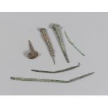 BRONZE AND IRON NAILS AND TOOLS, 2ND B.C, 2ND CENTURY three nails, two explorers, a needle.