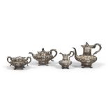 TEA AND COFFEE SILVER SERVICE, PUNCH LONDON 1835 richly engraved motif of acanthus leaves, flowers