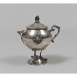 SUGAR BOWL IN SILVER, 20TH CENTURY with sphere body and castoni in turquoise, feet to dolphins