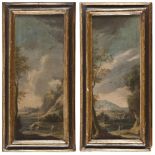 PAINTER FROM BOLOGNA, 18TH CENTURY LANDSCAPES WITH HUNTERS, WAYFARERS, TREE, FISHERMEN