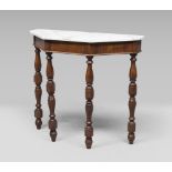 SMALL WALNUT CONSOLE, 19TH CENTURY with plain in white marble and trapeze forehead. Spools legs.