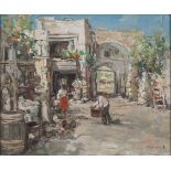 NICOLA CANZANELLA (Napoli 1934) COURTYARD WITH FIGURES Oil on cardboard cm. 50 x 60 Signed in