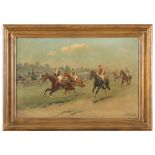 EUGENIO GÒMEZ MIR (Granada 1877 - 1938) HORSES RACE Oil on canvas, cm. 48 x 76 Signed in lower right