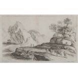 ITALIAN ENGRAVER, 19TH CENTURY LANDSCAPE WITH WAYFARERS Etching, cm. 26 xes 41 Signed 'G. Pen', in