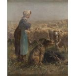 FRENCH PAINTER, LATE 19TH CENTURY SHEPHERDESS WITH FLOCK ANF DOGS Oil on canvas, cm. 30 x 24