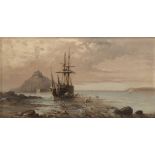 FERDINAND BONHEUR (Francia 1817 - 1887) SAILING SHIPS ON PORT Oil on panel, cm. 22 x 42 Signed in