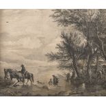 DUTCH ENGRAVER, 18TH CENTURY LANDSCAPE WITH KNIGHTS Engraving with etching, cm. 26 x 31 In frame