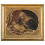 ROMAN PAINTER, 19TH CENTURY VIRGIN WITH SLEEPING CHILD Oil on paper applied on panel, cm. 36 x 44,