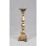 A BEAUTIFUL GILDED WOOD CANDLESTICK, ROME 18TH CENTURY with stem with graven knots to volutes and