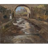 GIUSEPPE PENNASILICO (Napoli 1861 - Genova 1940) CANAL VIEW WITH BRIDGE AND FIGURES Oil on