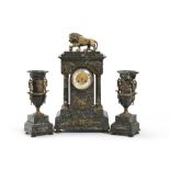 GREEN MARBLE FIREPLACE TRIPTYQUE, EARLY 20TH CENTURY with clock, with applications in gilded