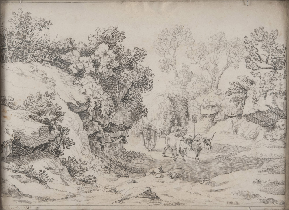ITALIAN PAINTER, BEGINNINGS 19TH CENTURY WAGON OF OXEN IN THE COUNTRY Pencil on paper, cm. 28 xes 39