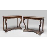 A PAIR OF WALNUT CONSOLES, 19TH CENTURY with rectangular top and angles line broken. Legs to