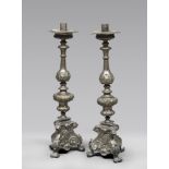 A BEAUTIFUL PAIR OF SILVER METAL CANDLESTICK, 18TH CENTURY With truncated knot nodules and three-