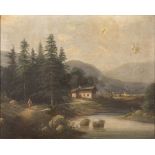 GERMAN PAINTER, 19TH CENTURY LANDSCAPE WITH LAKE AND WAYFARER