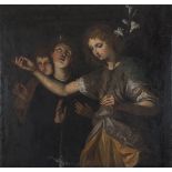 MANNER OF ROMAN CARAVAGGIO PAINTER RUTILIO MANETTI, 17TH CENTURY ANGEL WITH TWO HOLY MARTYRS