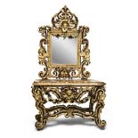 A EXTRAORDINARY GILTWOOD AND BLACK LACQUERED CONSOLE AND MIRROR, NAPLES BAROQUE PERIOD Mirror with