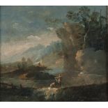 BERNARDINO BISON (Palmanova 1762 - Milan 1844) RIVER LANDSCAPE WITH SWIMMERS Oil on panel, cm. 34