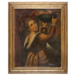 ACADEMIC PAINTER, 19TH CENTURY YOUNG WOMAN WITH TRAY OF FRUIT Oil on canvas applied on cardboard,